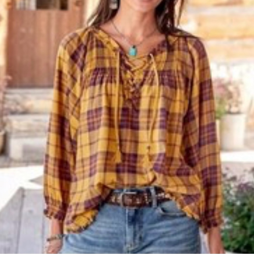 Sundance Perfectly Plaid Top Size M Tassel Balloon Sleeves Yellow Boho Peasant